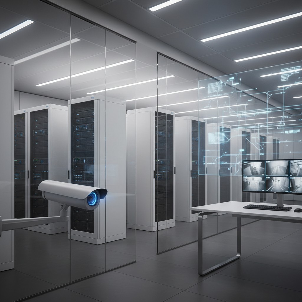 Les serveurs informatiques sont installés dans une salle de contrôle fermée, avec des caméras de surveillance et des monit...