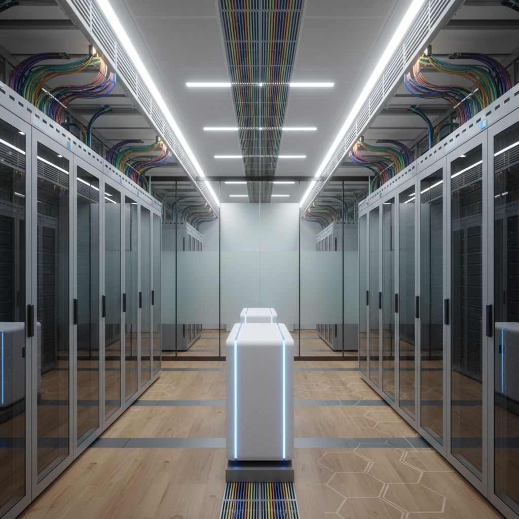 Un centre de données récent, avec des hubs dans les couloirs des veines nerveuses modifiés comparés à l’aspect superficiel...